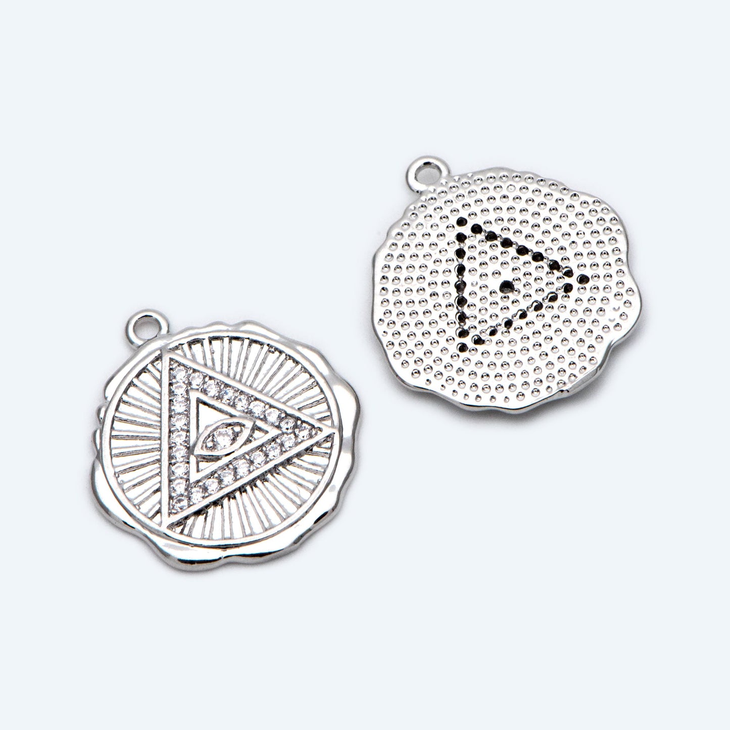 4pcs CZ Pave Gold/ Silver Tone Triangle Evil eye Charm 17mm, Real Gold plated Brass, Round Coin Disk Pendants (GB-4085-G)