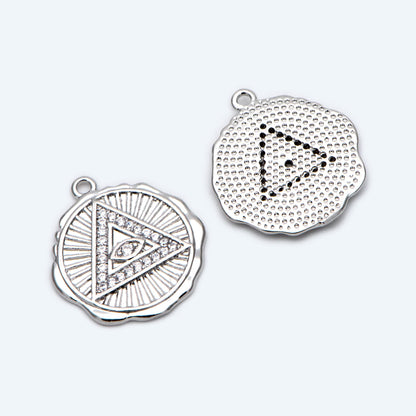 4pcs CZ Pave Gold/ Silver Tone Triangle Evil eye Charm 17mm, Real Gold plated Brass, Round Coin Disk Pendants (GB-4085-G)