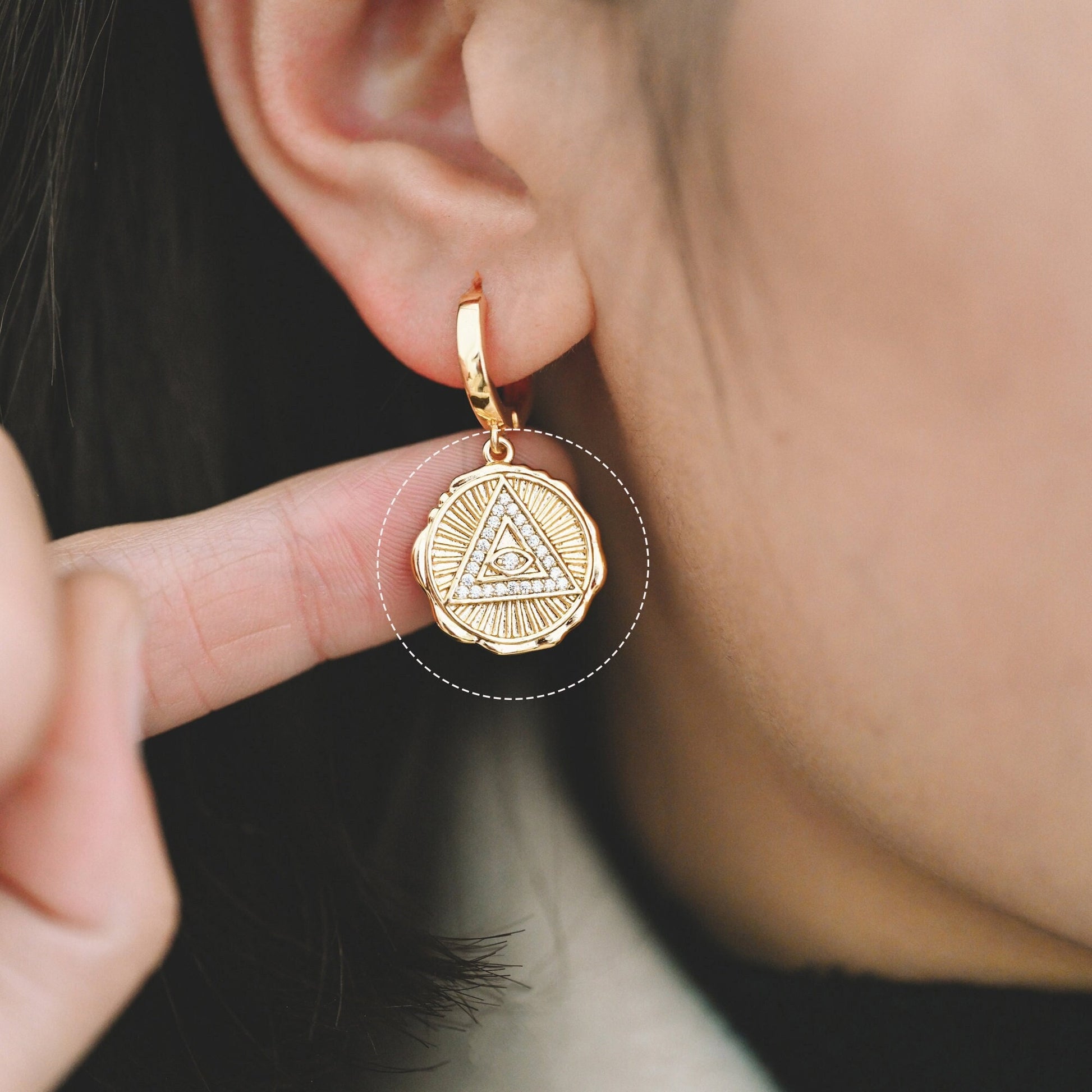 4pcs CZ Pave Gold/ Silver Tone Triangle Evil eye Charm 17mm, Real Gold plated Brass, Round Coin Disk Pendants (GB-4085-G)