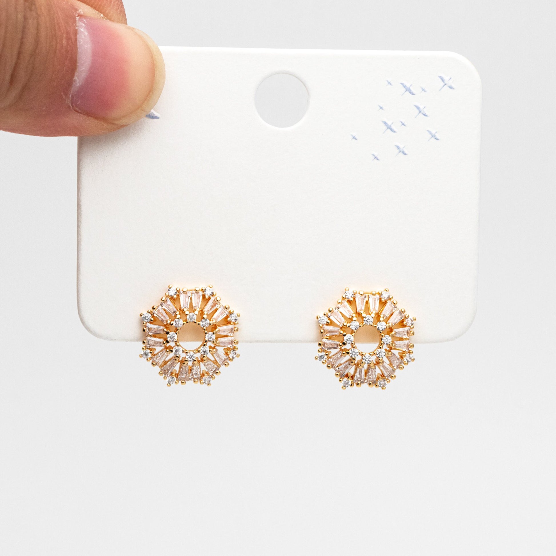 4pcs CZ Pave Gold Flower Earrings 14mm, Gold Plated Brass Stud Earrings (GB-4203)