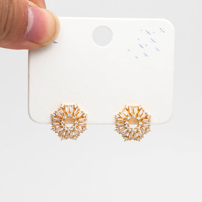 4pcs CZ Pave Gold Flower Earrings 14mm, Gold Plated Brass Stud Earrings (GB-4203)