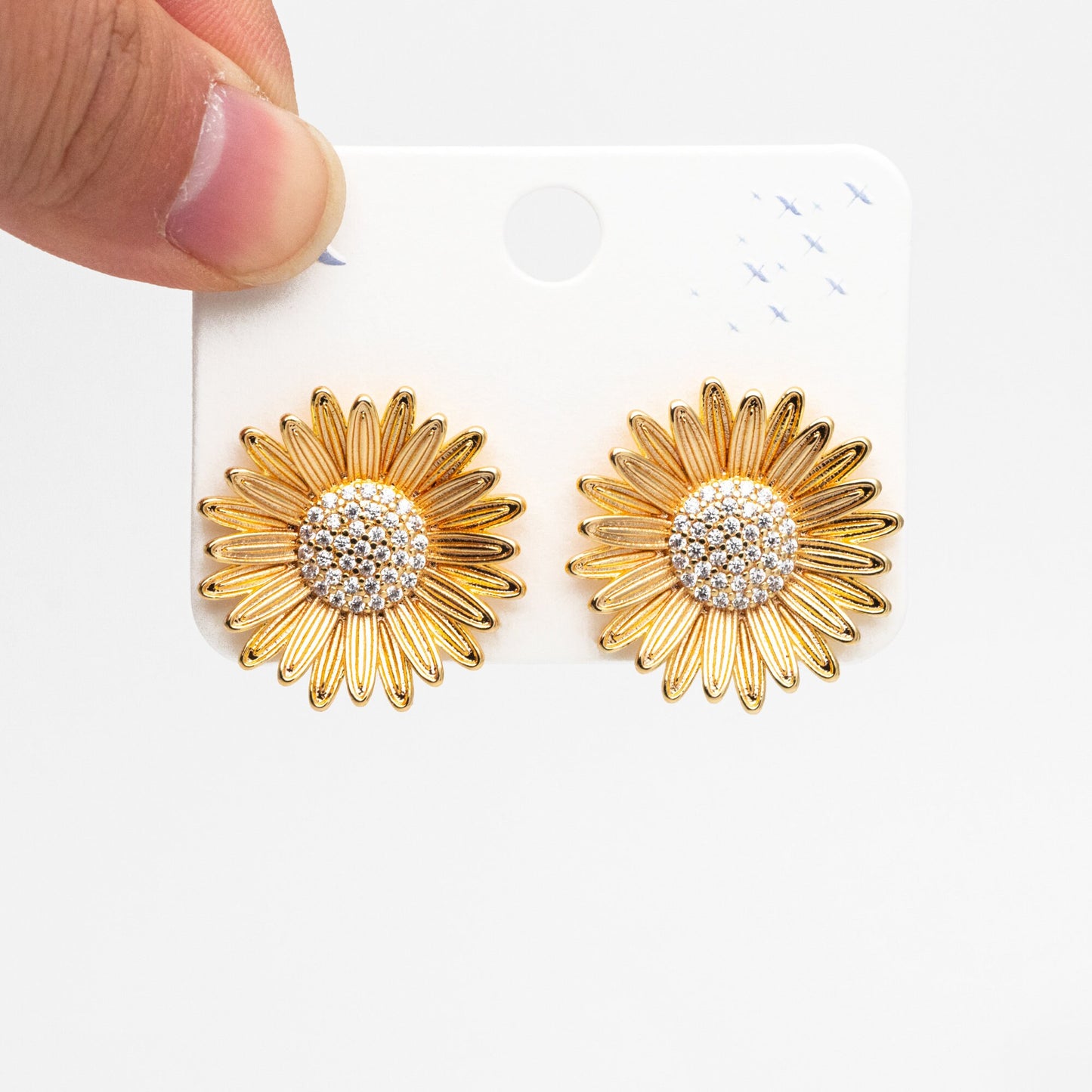 4pcs CZ Pave Gold/ Silver Sunflower Earrings, 25mm, Gold/ Rhodium Plated Brass Flower Stud Earrings (GB-4204)