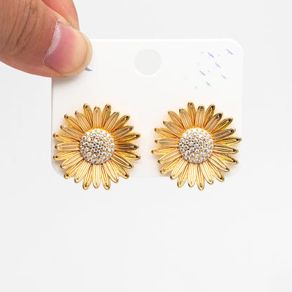4pcs CZ Pave Gold/ Silver Sunflower Earrings, 25mm, Gold/ Rhodium Plated Brass Flower Stud Earrings (GB-4204)