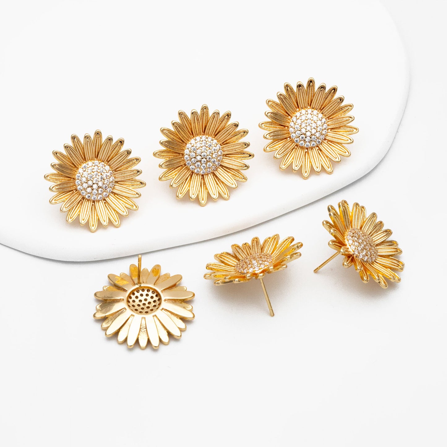 4pcs CZ Pave Gold/ Silver Sunflower Earrings, 25mm, Gold/ Rhodium Plated Brass Flower Stud Earrings (GB-4204)