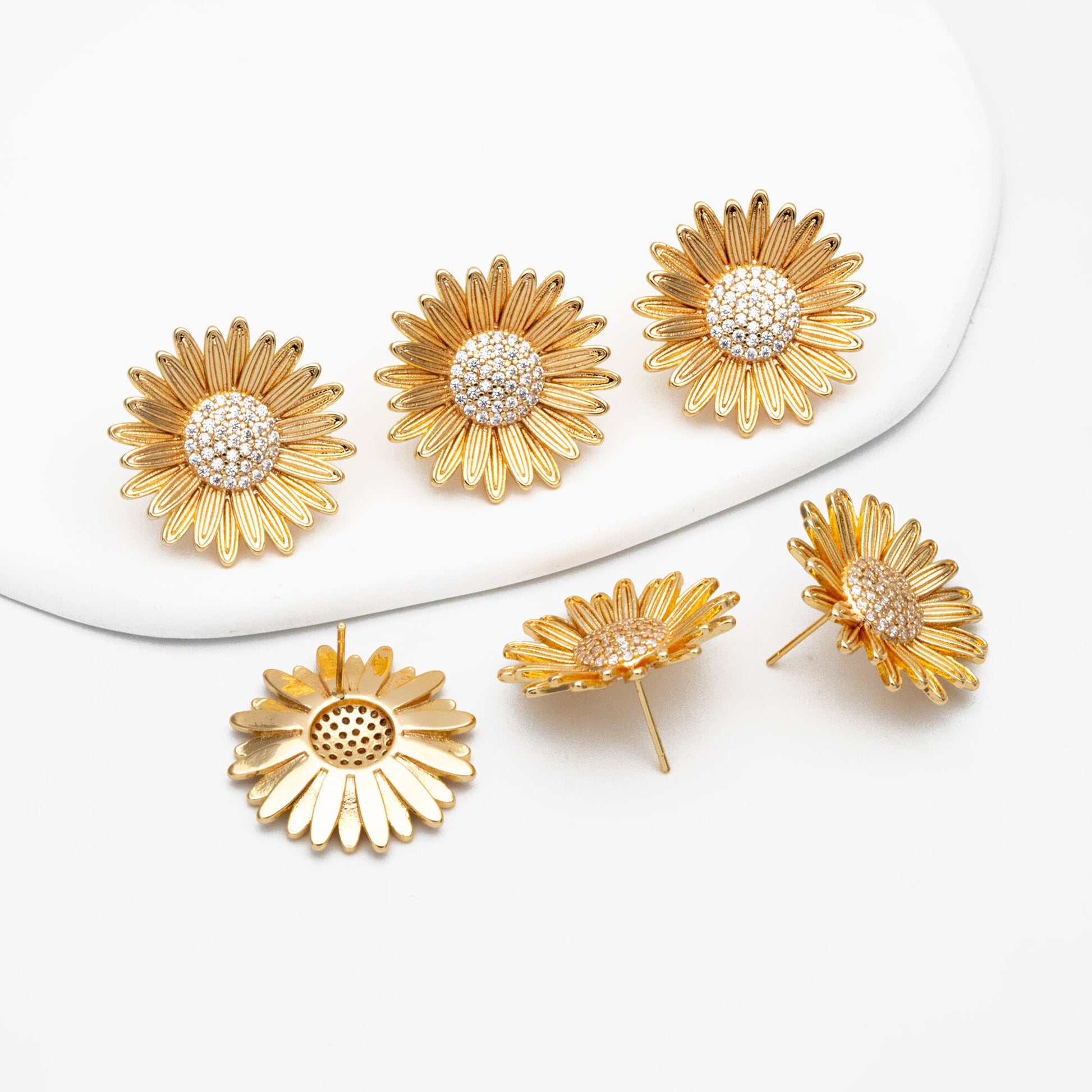 4pcs CZ Pave Gold/ Silver Sunflower Earrings, 25mm, Gold/ Rhodium Plated Brass Flower Stud Earrings (GB-4204)