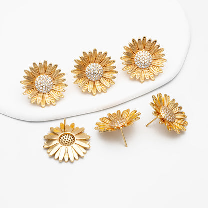 4pcs CZ Pave Gold/ Silver Sunflower Earrings, 25mm, Gold/ Rhodium Plated Brass Flower Stud Earrings (GB-4204)