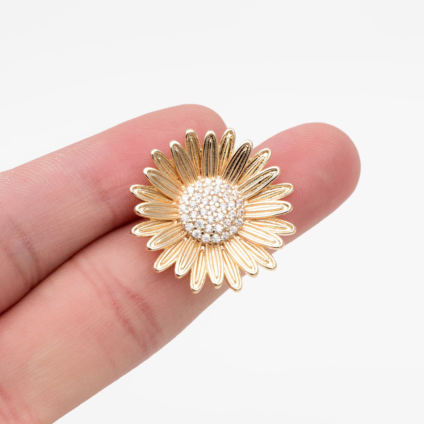 4pcs CZ Pave Gold/ Silver Sunflower Earrings, 25mm, Gold/ Rhodium Plated Brass Flower Stud Earrings (GB-4204)