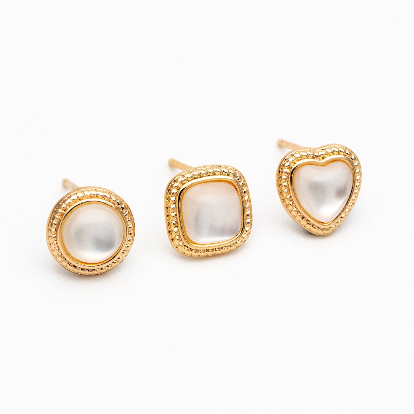 4pcs Shell Pave Round/ Square/ Heart/ Oval Earrings, Gold Plated Brass Geometric Stud Earrings (#GB-4214)