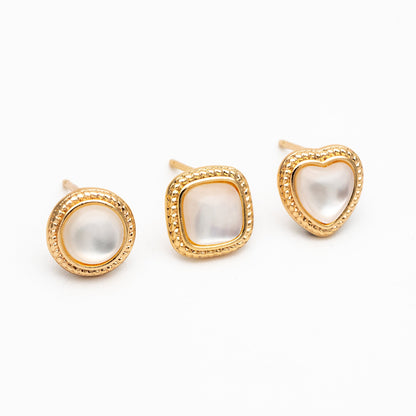 4pcs Shell Pave Round/ Square/ Heart/ Oval Earrings, Gold Plated Brass Geometric Stud Earrings (#GB-4214)