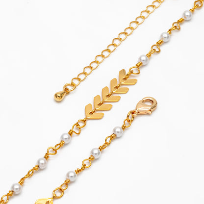 Gold Chevron Chain With Faux Pearl, Finished Bracelet/ Anklet/ Necklace with Extender Chain, Ready to Wear (#LK-507)