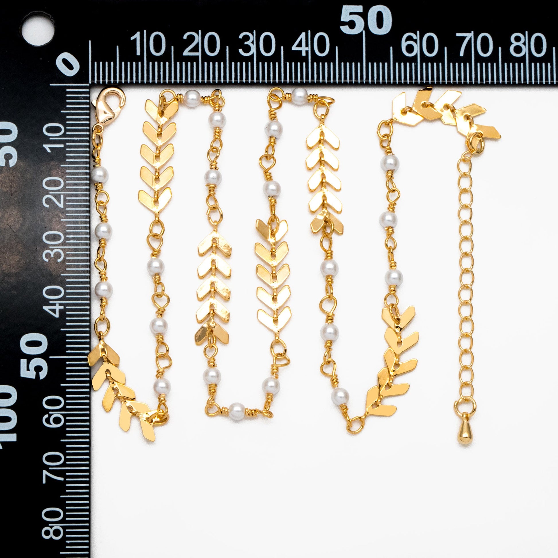 Gold Chevron Chain With Faux Pearl, Finished Bracelet/ Anklet/ Necklace with Extender Chain, Ready to Wear (#LK-507)