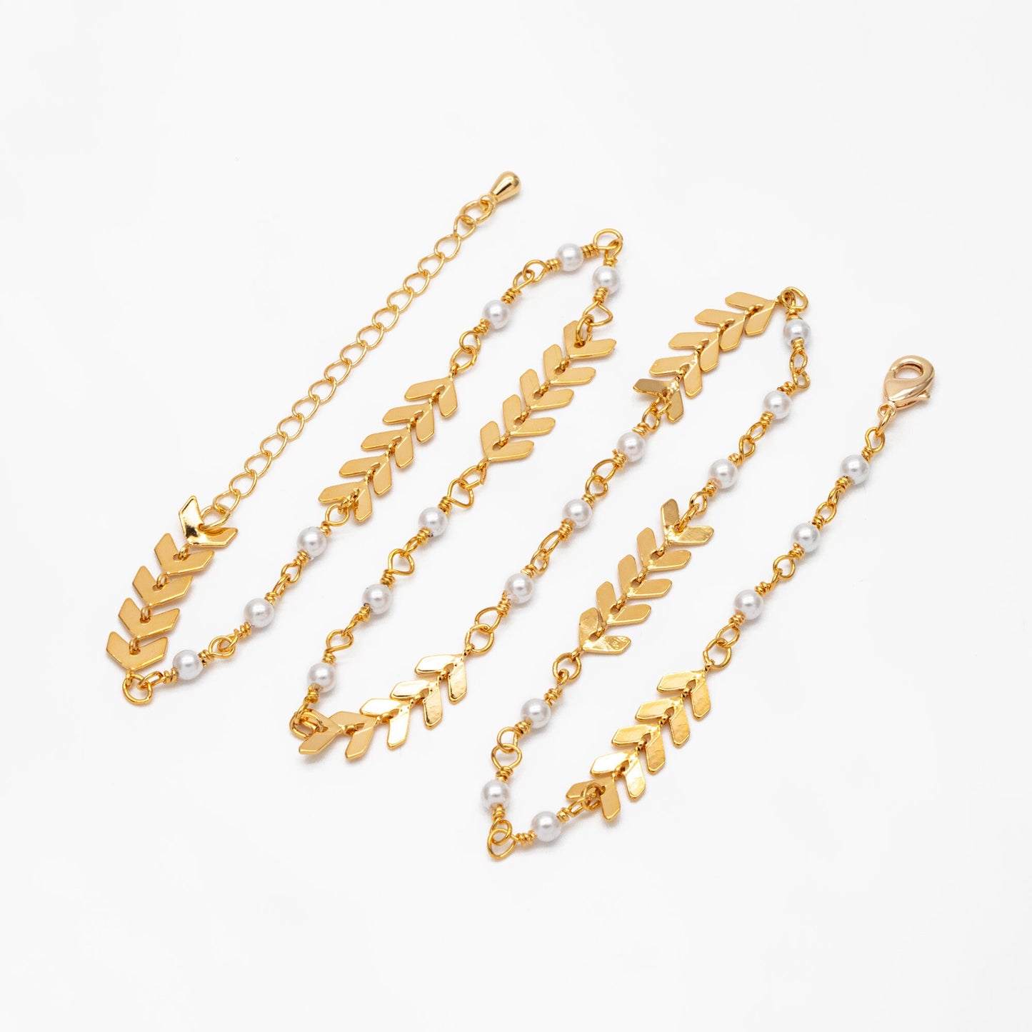 Gold Chevron Chain With Faux Pearl, Finished Bracelet/ Anklet/ Necklace with Extender Chain, Ready to Wear (#LK-507)