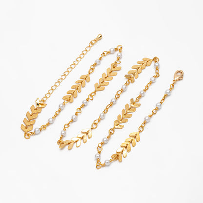 Gold Chevron Chain With Faux Pearl, Finished Bracelet/ Anklet/ Necklace with Extender Chain, Ready to Wear (#LK-507)