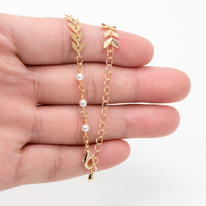 Gold Chevron Chain With Faux Pearl, Finished Bracelet/ Anklet/ Necklace with Extender Chain, Ready to Wear (#LK-507)