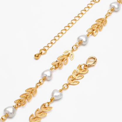 Gold Chevron Leaf Chain With Heart Faux Pearl, Finished Bracelet/ Anklet/ Necklace with Extender Chain, Ready to Wear (#LK-508)
