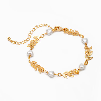 Gold Chevron Leaf Chain With Heart Faux Pearl, Finished Bracelet/ Anklet/ Necklace with Extender Chain, Ready to Wear (#LK-508)