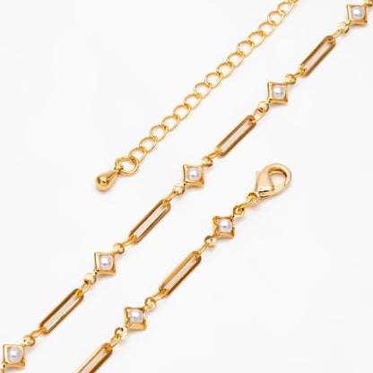 Gold Faux Pearl Chain, Finished Bracelet/ Anklet/ Necklace with Extender, Real 18K Gold Plated, Ready to Wear (#LK-510)
