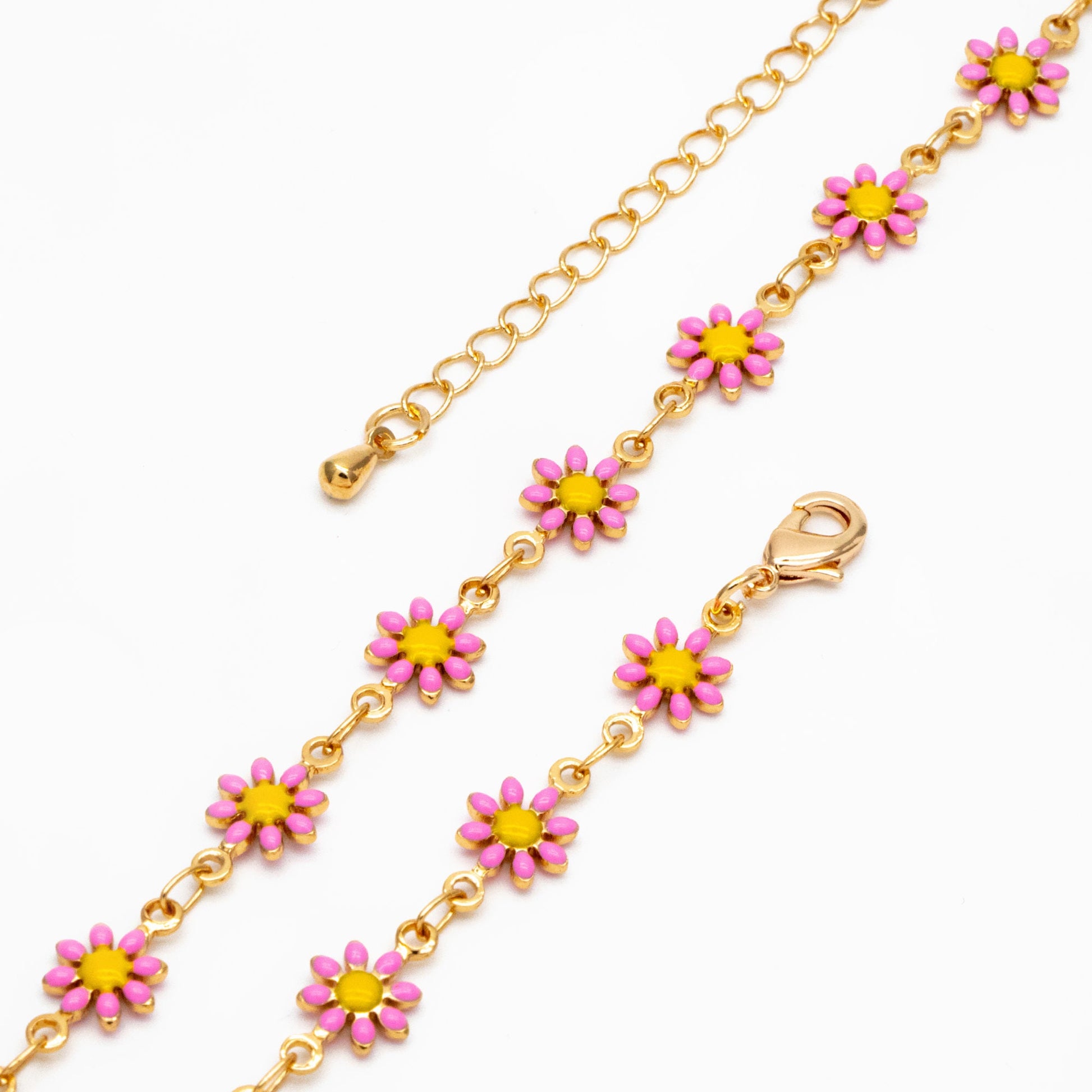 Gold Enamel Flower Chain, Pink Daisy Chain, Finished Bracelet/ Anklet/ Necklace with Extender Chain, Ready to Wear (#LK-578-2)