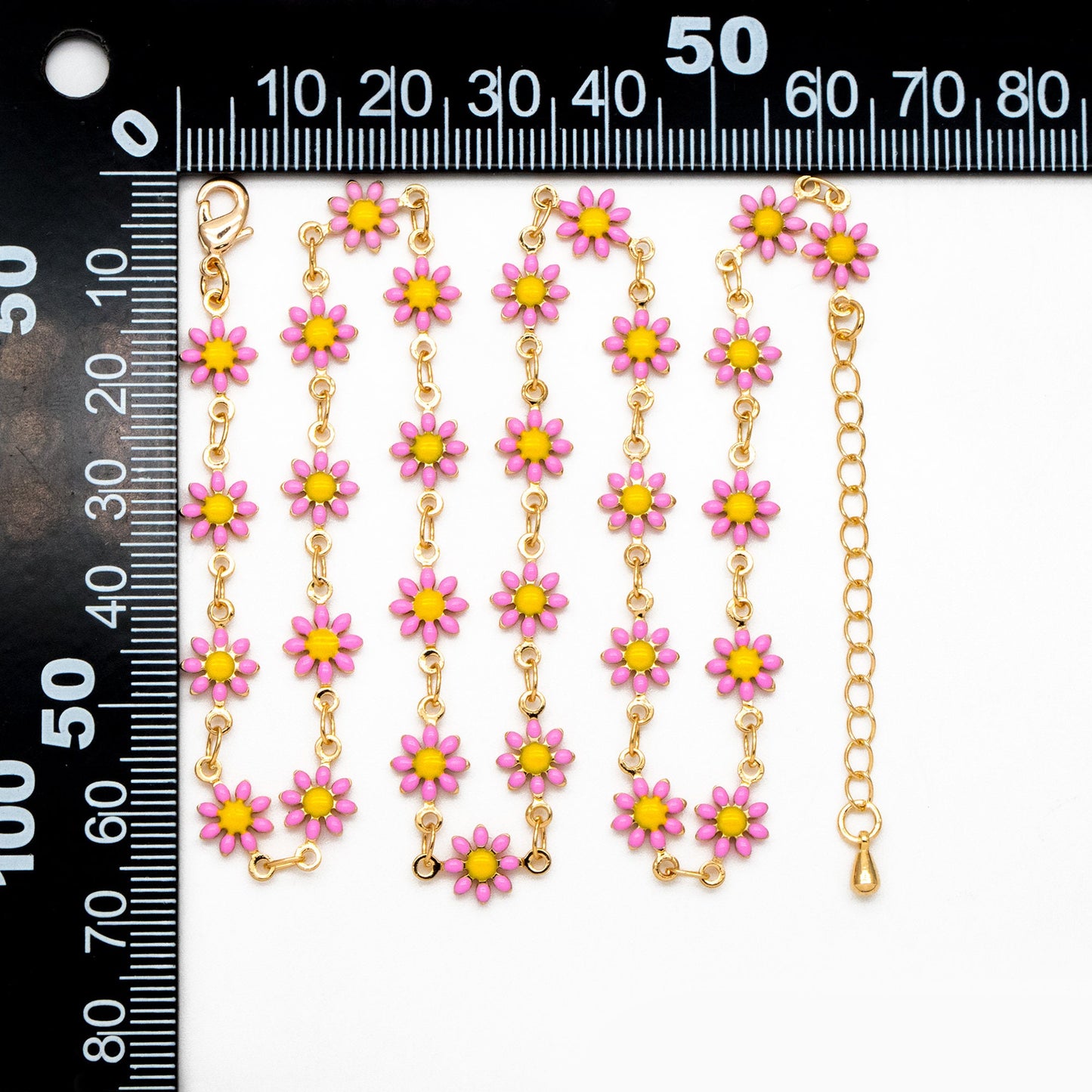 Gold Enamel Flower Chain, Pink Daisy Chain, Finished Bracelet/ Anklet/ Necklace with Extender Chain, Ready to Wear (#LK-578-2)