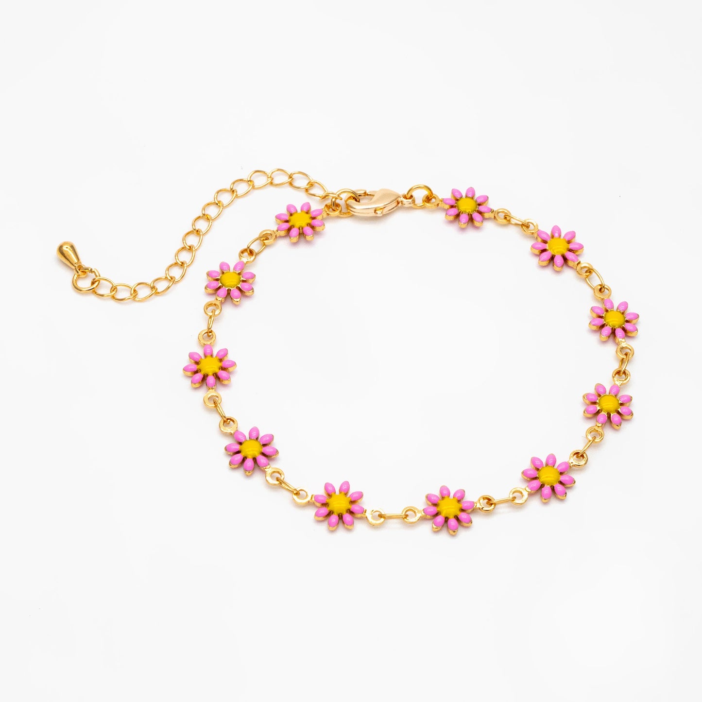 Gold Enamel Flower Chain, Pink Daisy Chain, Finished Bracelet/ Anklet/ Necklace with Extender Chain, Ready to Wear (#LK-578-2)
