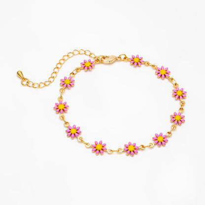 Gold Enamel Flower Chain, Pink Daisy Chain, Finished Bracelet/ Anklet/ Necklace with Extender Chain, Ready to Wear (#LK-578-2)