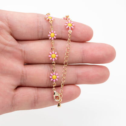Gold Enamel Flower Chain, Pink Daisy Chain, Finished Bracelet/ Anklet/ Necklace with Extender Chain, Ready to Wear (#LK-578-2)