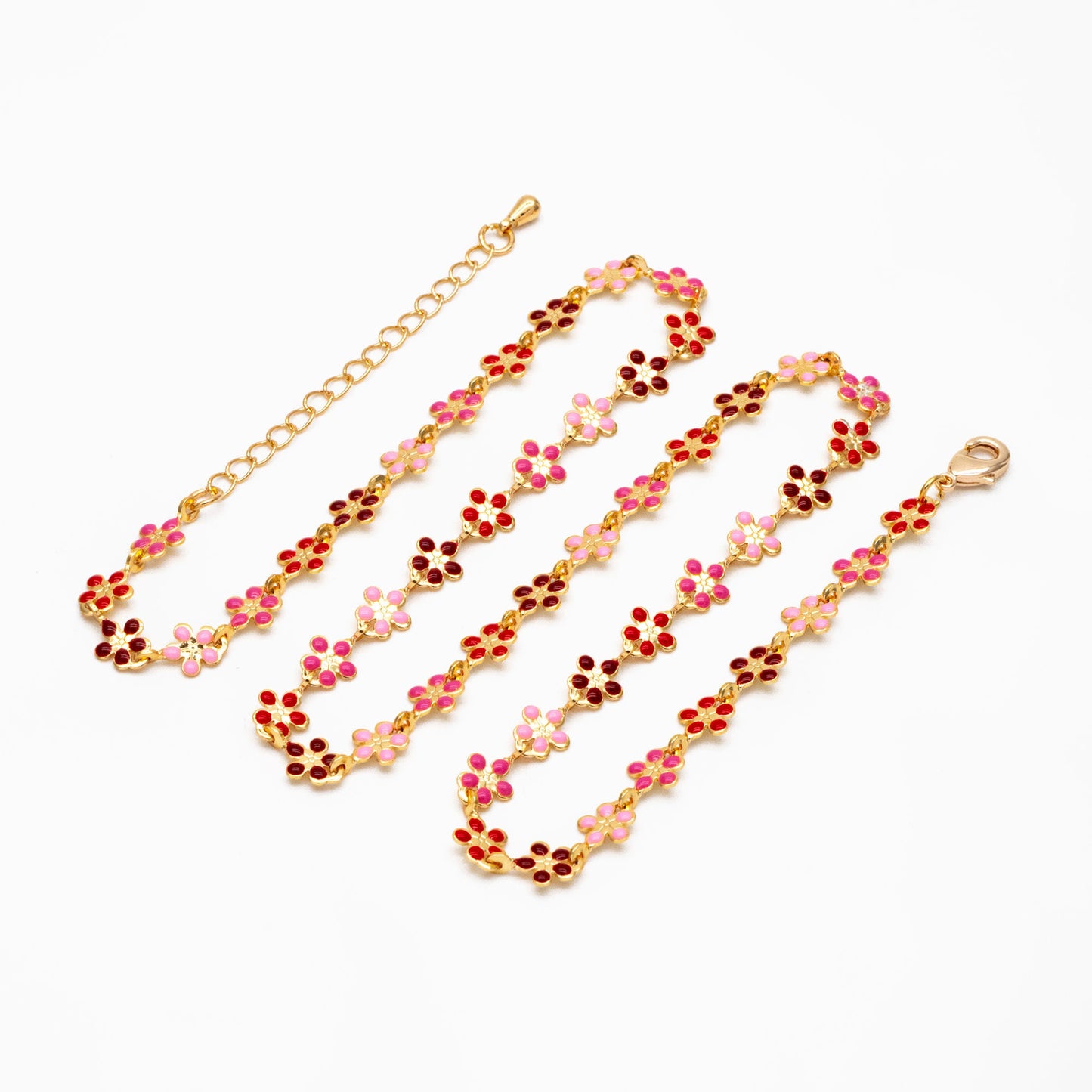 Gold plated Enamel Flower Chain, Finished Bracelet/ Anklet/ Necklace with Extender Chain, Ready to Wear (#LK-581-4)