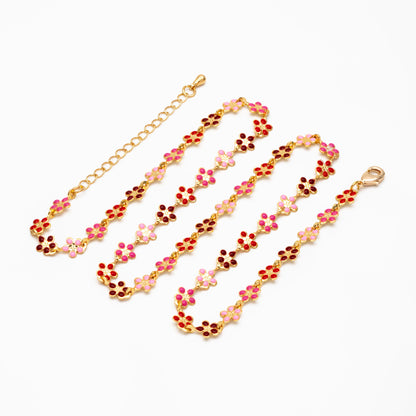 Gold plated Enamel Flower Chain, Finished Bracelet/ Anklet/ Necklace with Extender Chain, Ready to Wear (#LK-581-4)