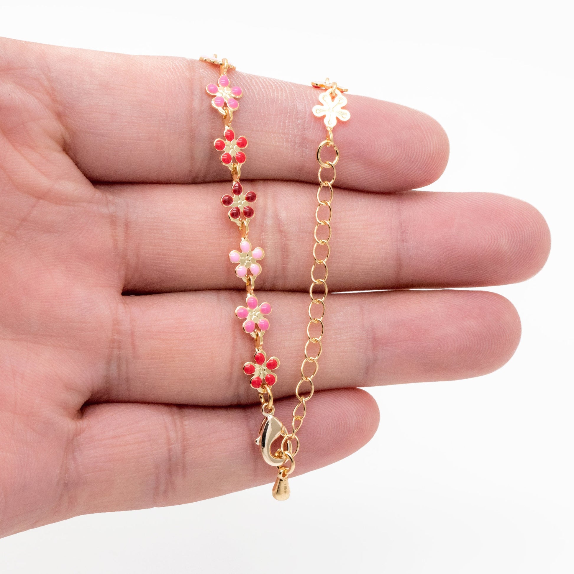 Gold plated Enamel Flower Chain, Finished Bracelet/ Anklet/ Necklace with Extender Chain, Ready to Wear (#LK-581-4)