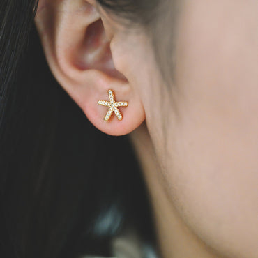 10pcs CZ Pave Starfish Ear Post with Loop, Real Gold Plated Brass Star Stud Earrings (#GB-1304)