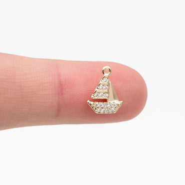4pcs CZ Pave Gold Sailboat Charms, Gold plated Brass, Cute Nautical Charms (GB-2374-A)