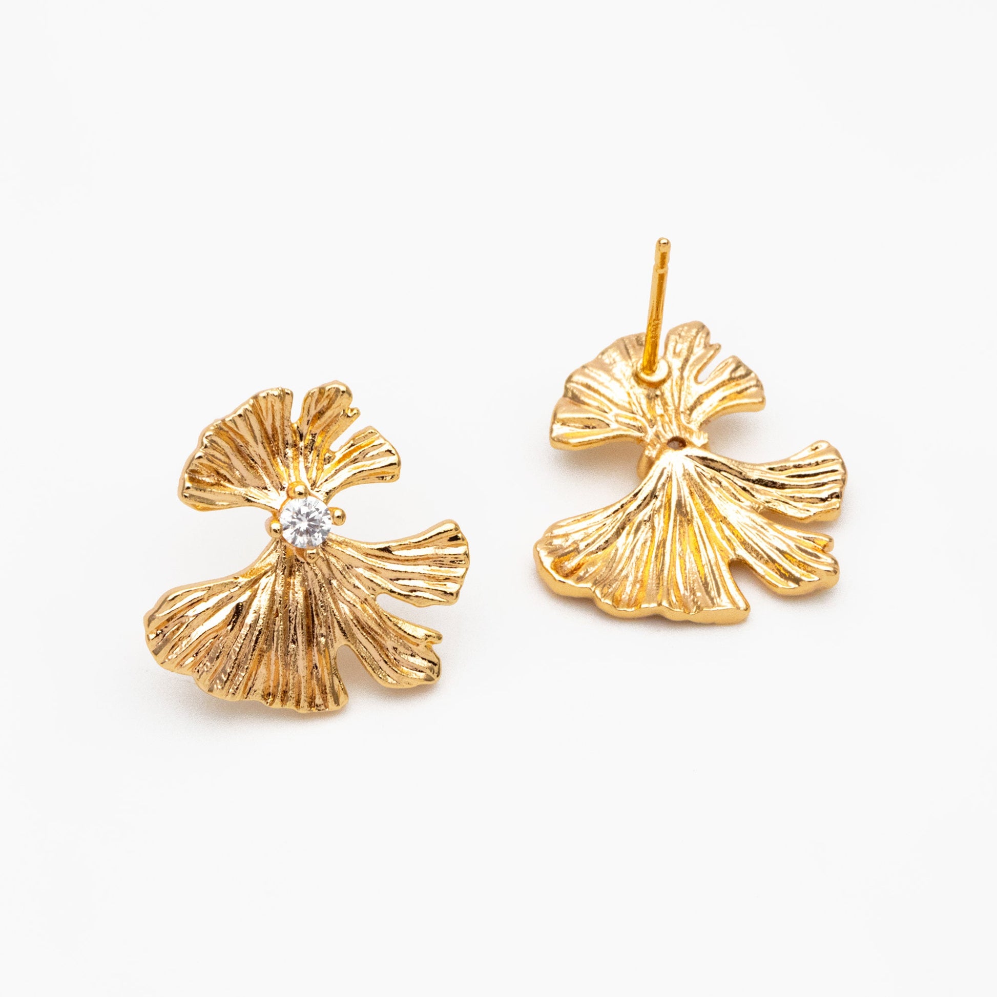 4pcs CZ Pave Gold Ginkgo Leaf Earrings 16mm, Gold Plated Brass Leaf Stud Earrings (GB-4225)