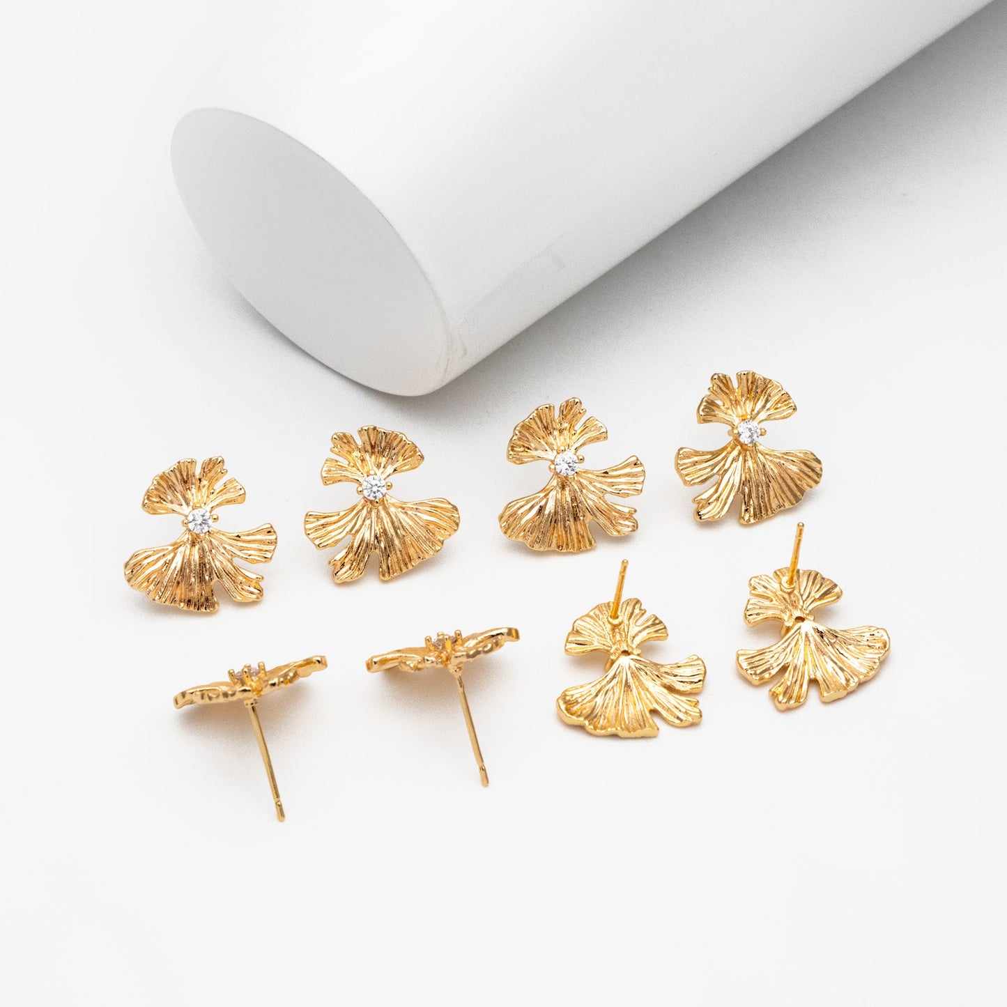 4pcs CZ Pave Gold Ginkgo Leaf Earrings 16mm, Gold Plated Brass Leaf Stud Earrings (GB-4225)