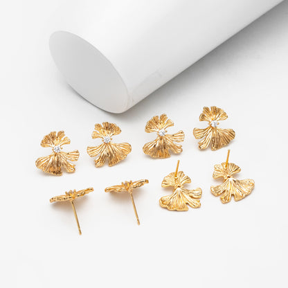 4pcs CZ Pave Gold Ginkgo Leaf Earrings 16mm, Gold Plated Brass Leaf Stud Earrings (GB-4225)