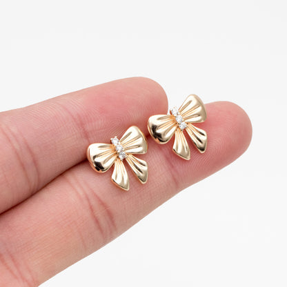 4pcs CZ Pave Gold Bowknot Earrings, 18K Real Gold plated Brass, Bow Knot Stud Earring (GB-4228)