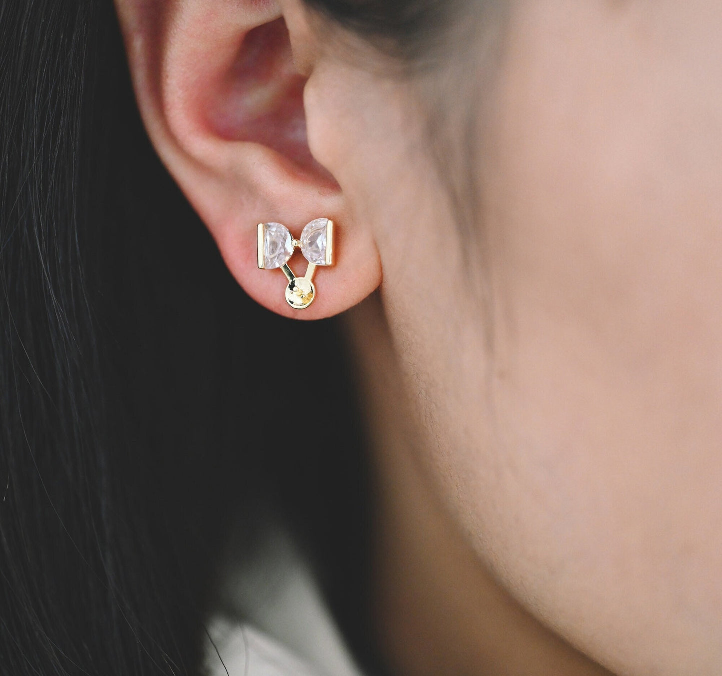 10pcs CZ Pave Bowknot Earring with Pearl Peg, Real Gold Plated Brass Stud Earrings (#GB-1116)