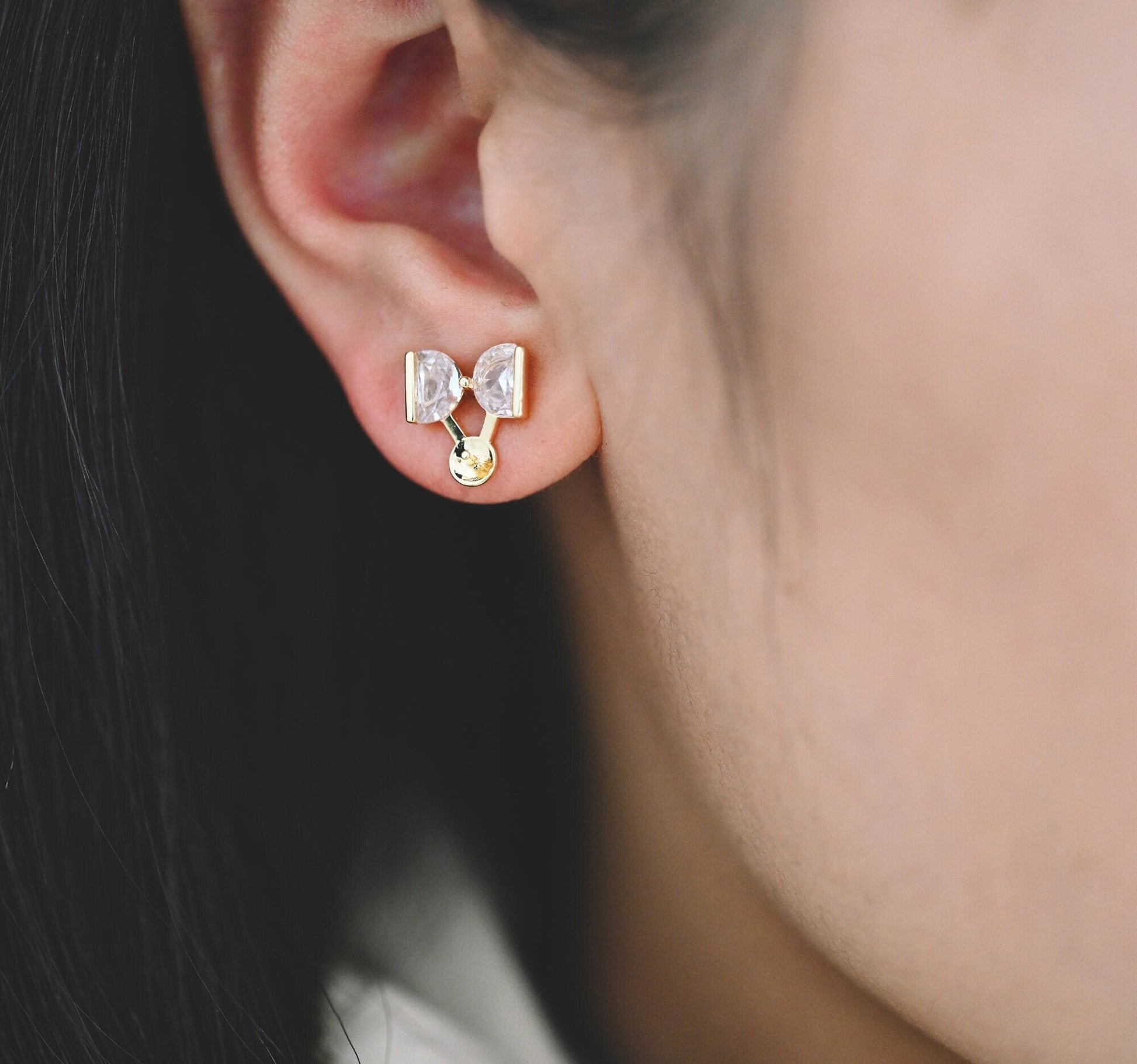 10pcs CZ Pave Bowknot Earring with Pearl Peg, Real Gold Plated Brass Stud Earrings (#GB-1116)