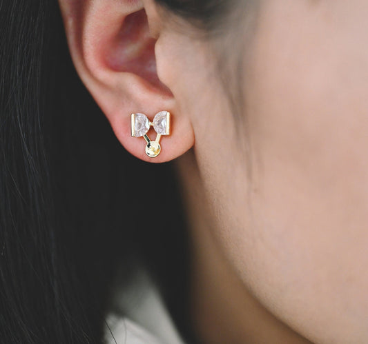 10pcs CZ Pave Bowknot Earring with Pearl Peg, Real Gold Plated Brass Stud Earrings (#GB-1116)