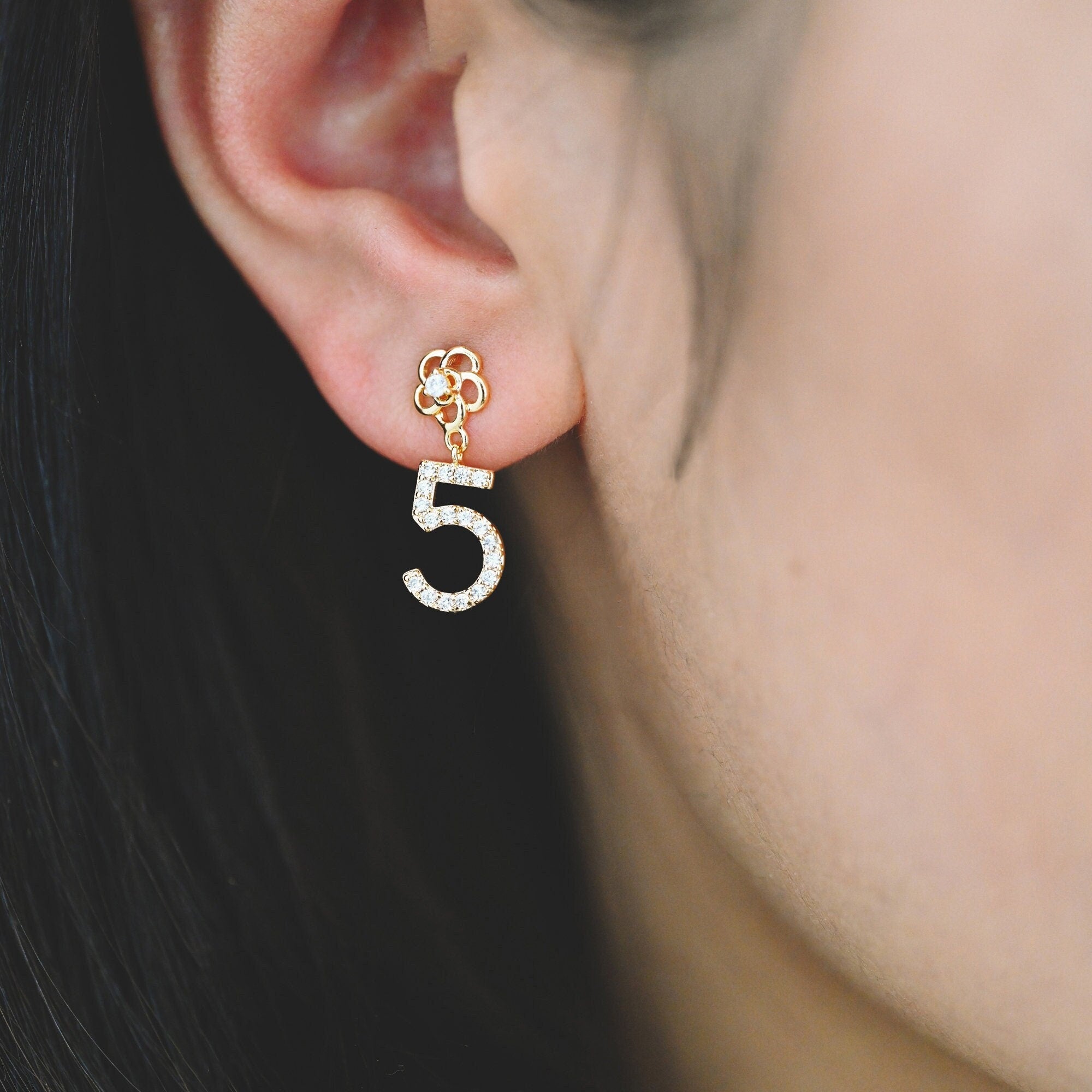 4pcs CZ Pave Flower And Five Charms Ear Posts 20x8mm, Real Gold Plated Brass Stud Earrings (#GB-1123)