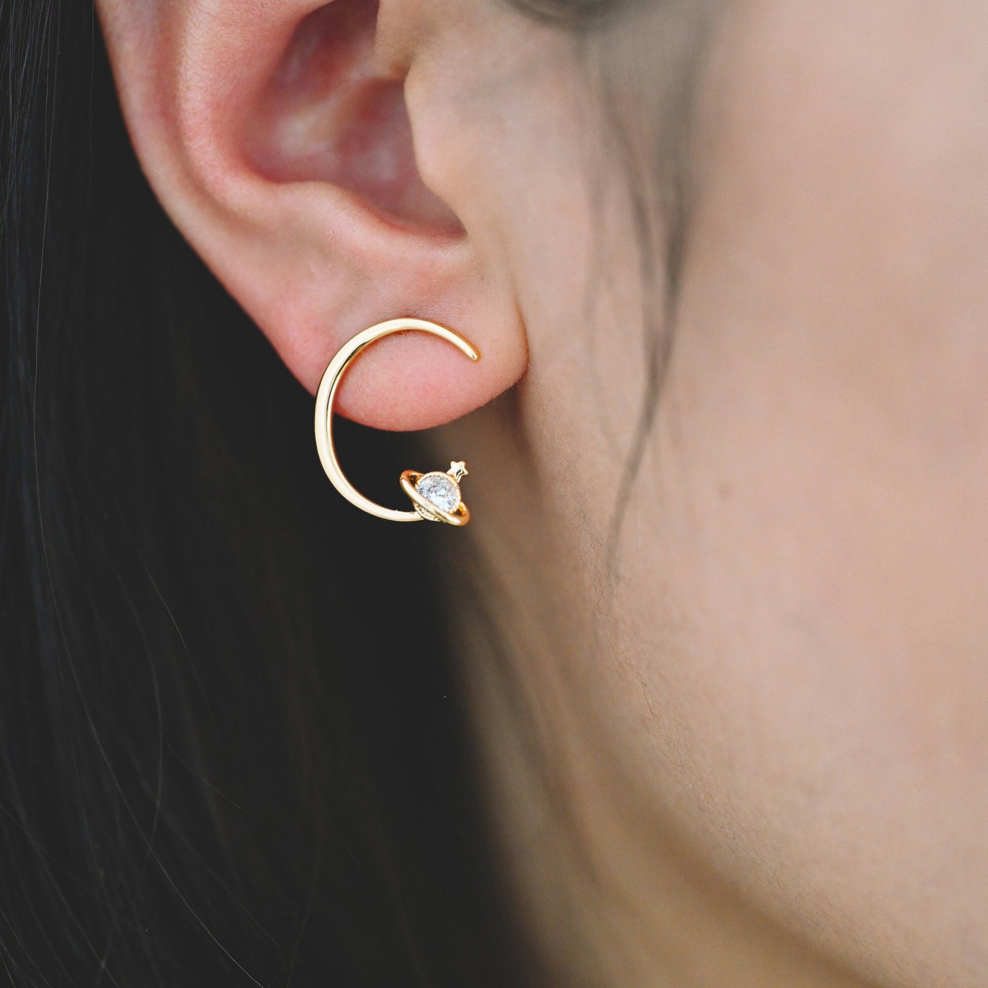 10pcs CZ Pave Saturn Ear Posts 17mm, Real Gold Plated Brass Stud Earrings (#GB-1127)