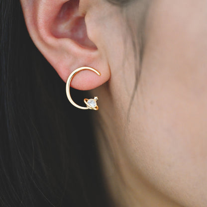 10pcs CZ Pave Saturn Ear Posts 17mm, Real Gold Plated Brass Stud Earrings (#GB-1127)