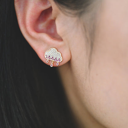 4pcs Rain Cloud Stud Earrings, CZ Pave Gold plated Brass Ear Posts 13mm (#GB-1129)
