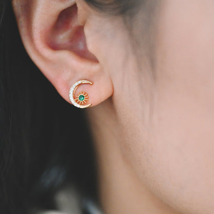 10pcs CZ Pave Moon Ear Posts 10.5x9mm, Real Gold Plated Brass Stud Earrings (#GB-1309)