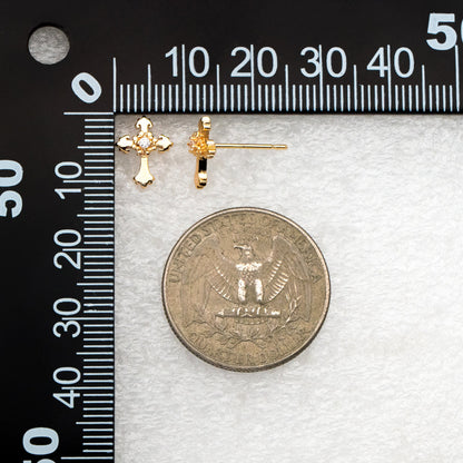 10pcs CZ Pave Gold Cross Earrings 11x9mm, Gold Plated Brass Small Cross Stud Earring (#GB-4232)