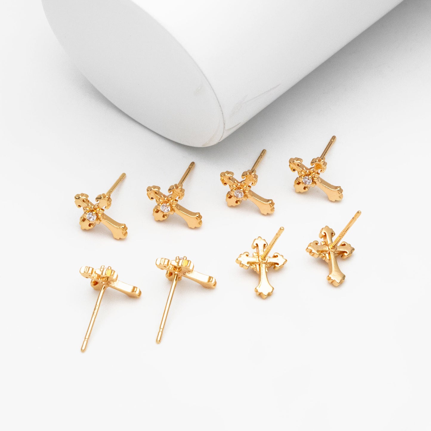 10pcs CZ Pave Gold Cross Earrings 11x9mm, Gold Plated Brass Small Cross Stud Earring (#GB-4232)