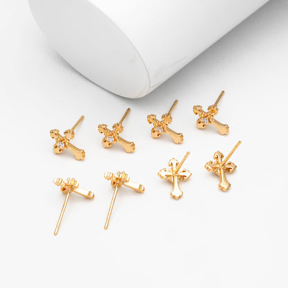 10pcs CZ Pave Gold Cross Earrings 11x9mm, Gold Plated Brass Small Cross Stud Earring (#GB-4232)