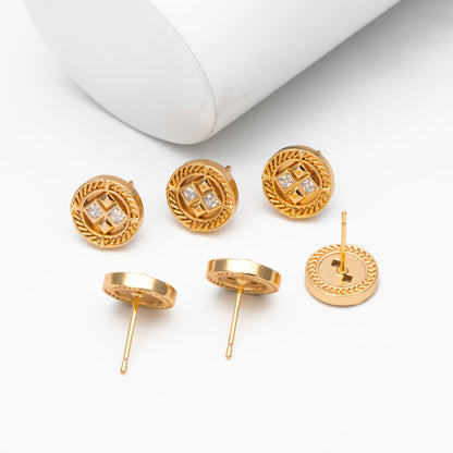 4pcs CZ Pave Gold Round Earrings 11mm, Gold Plated Brass Dainty Stud Earrings (GB-4233)