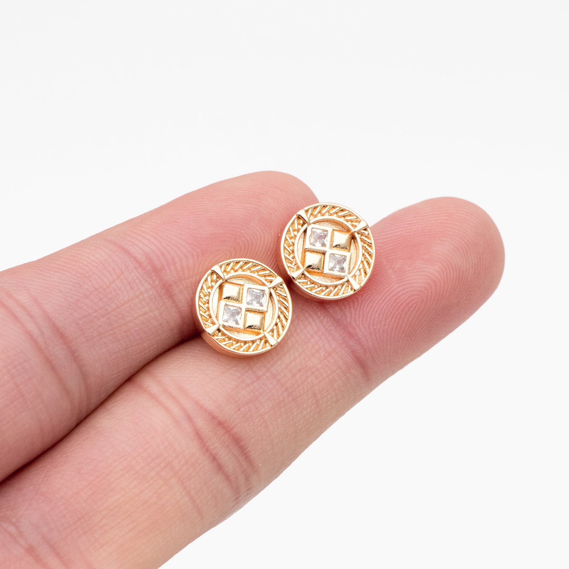 4pcs CZ Pave Gold Round Earrings 11mm, Gold Plated Brass Dainty Stud Earrings (GB-4233)