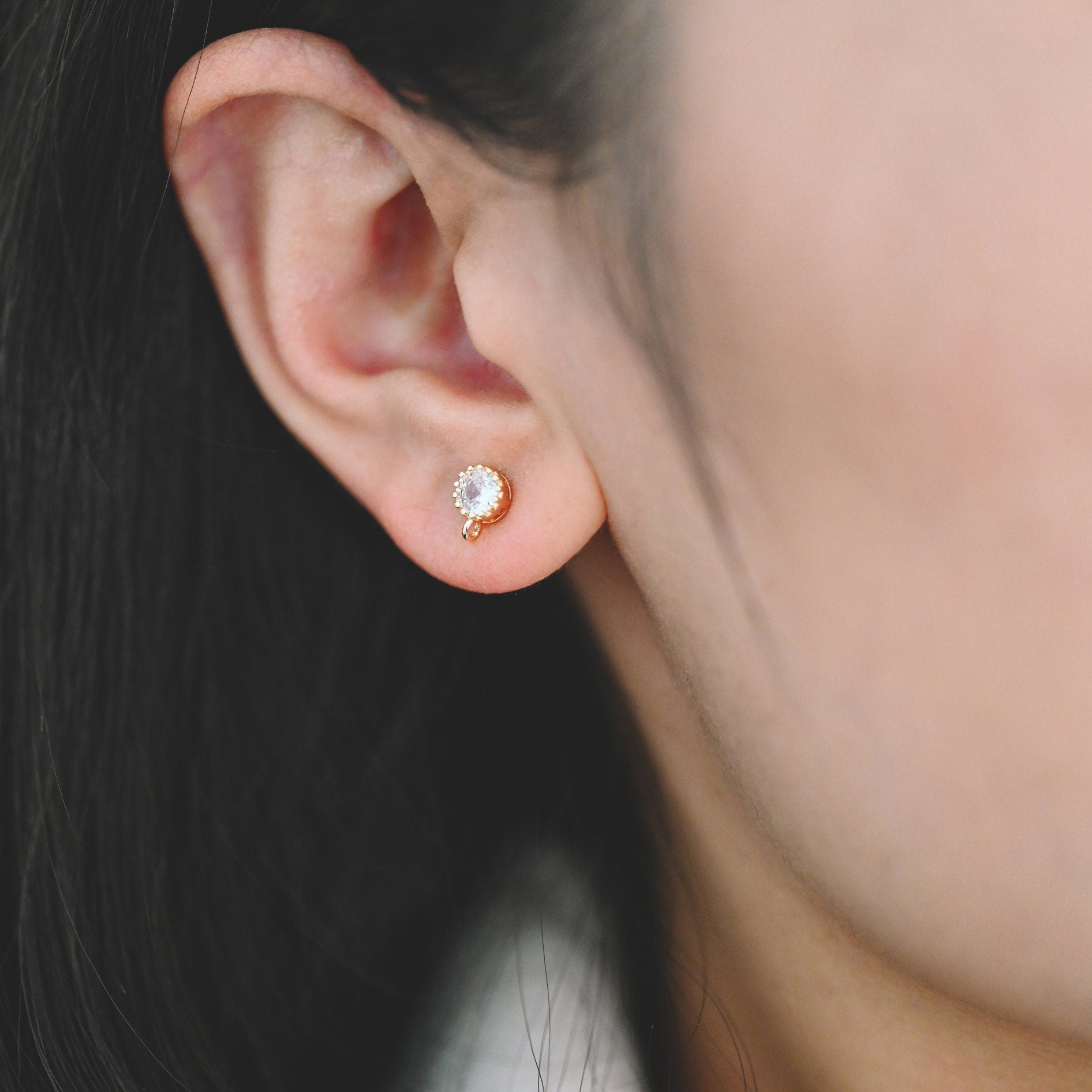 10pcs CZ Pave Gold/ Silver Ear Posts 5mm with Loops, 18K Gold/ Rhodium Plated Brass Stud Earrings (#GB-803)