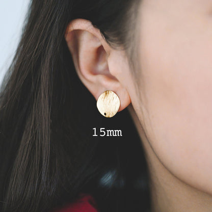 10pcs Brushed Gold Disc Ear Posts 12/ 15mm, 18K Gold Plated Brass, Geometric Round Disk Stud Earrings (#GB-470)